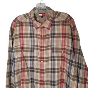 VTG Tommy Hilfiger Shirt Mens XL Tan Blue Plaid Button Down Tartan Crest Y2K